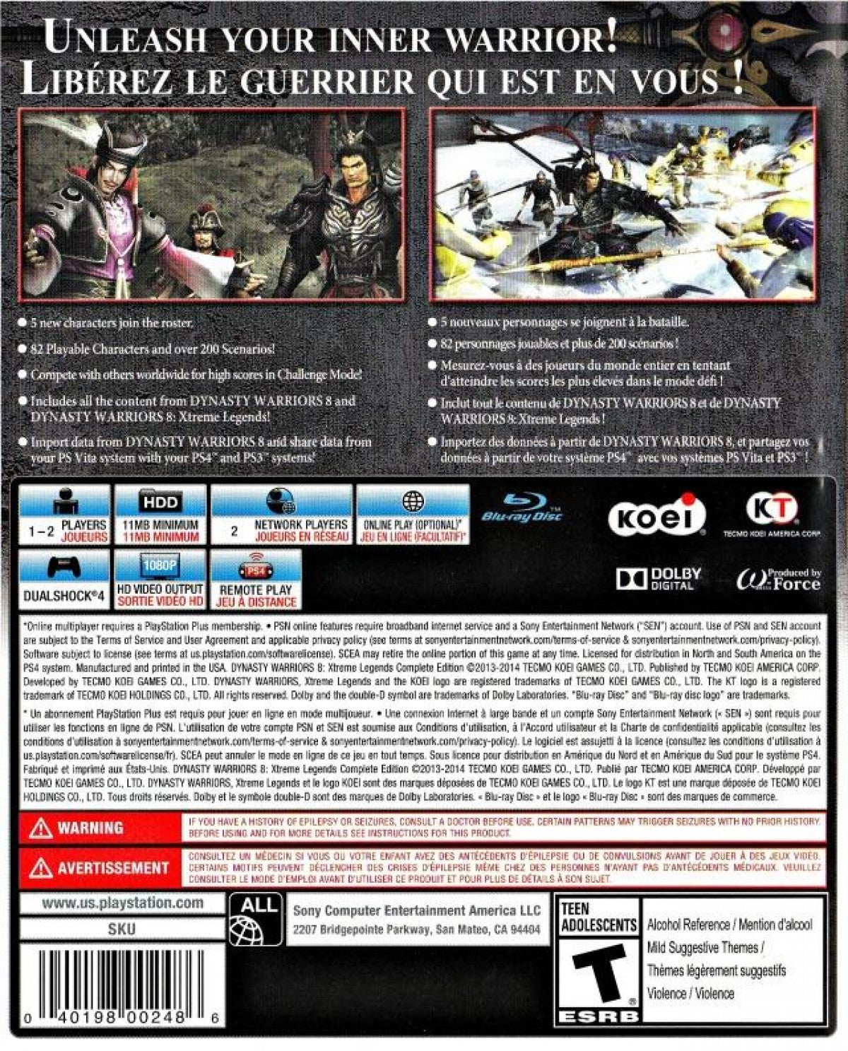 Dynasty Warriors 8 Xtreme Legends Complete Edition Greatest Hits PlayStation 4 PS4 for hack and slash action video game fans featuring massive battlefield combat hundreds of enemies powerful warriors weapon upgrades character progression strategic objectives dramatic Dynasty Warriors gameplay and Complete Edition content collectible gaming appeal back cover art