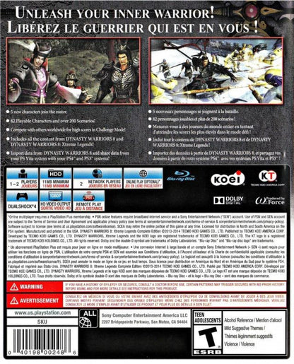 Dynasty Warriors 8 Xtreme Legends Complete Edition Greatest Hits PlayStation 4 PS4 for hack and slash action video game fans featuring massive battlefield combat hundreds of enemies powerful warriors weapon upgrades character progression strategic objectives dramatic Dynasty Warriors gameplay and Complete Edition content collectible gaming appeal back cover art