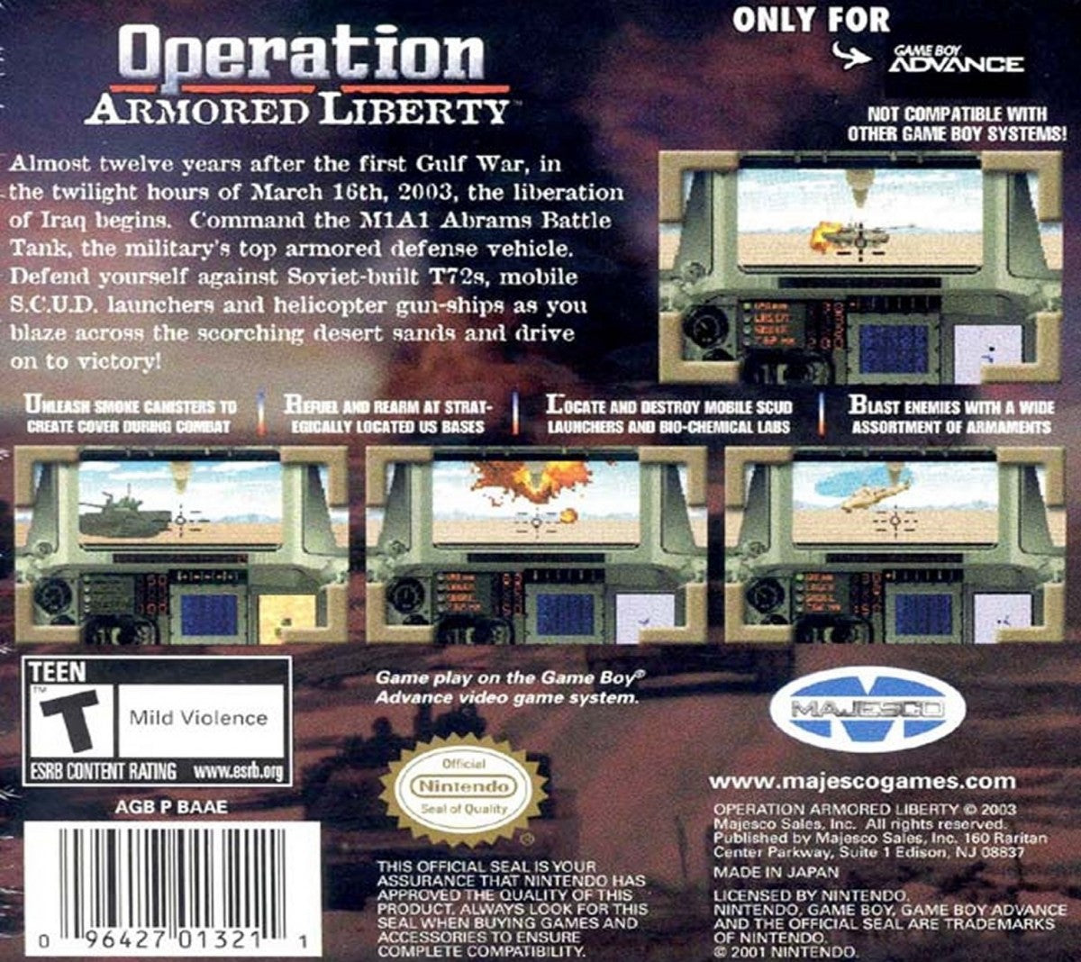 Operation Armored Liberty Game Boy Advance GBA back of case for retro video game enthusiasts featuring military action gameplay side scrolling shooter mechanics tactical combat missions futuristic warfare setting explosive battlefield encounters and portable handheld arcade style gaming experience and collectible gaming appeal