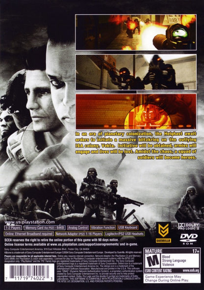 Killzone PS2 Sony PlayStation 2 first person shooter FPS military sci fi war game Helghast enemies tactical combat squad warfare Guerilla Games story campaign multiplayer split screen retro gaming PlayStation 2 software video game title back cover art
