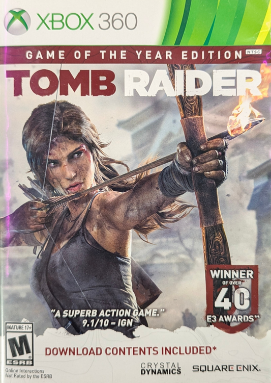 Tomb Raider Game of the Year Edition Xbox 360 action-adventure reboot origin story Lara Croft survival island Yamatai exploration puzzle-solving combat bow and arrows climbing tombs scavenging animal hunting character progression RPG elements upgrade system story-driven third-person perspective hub areas all downloadable content included complete experience front cover