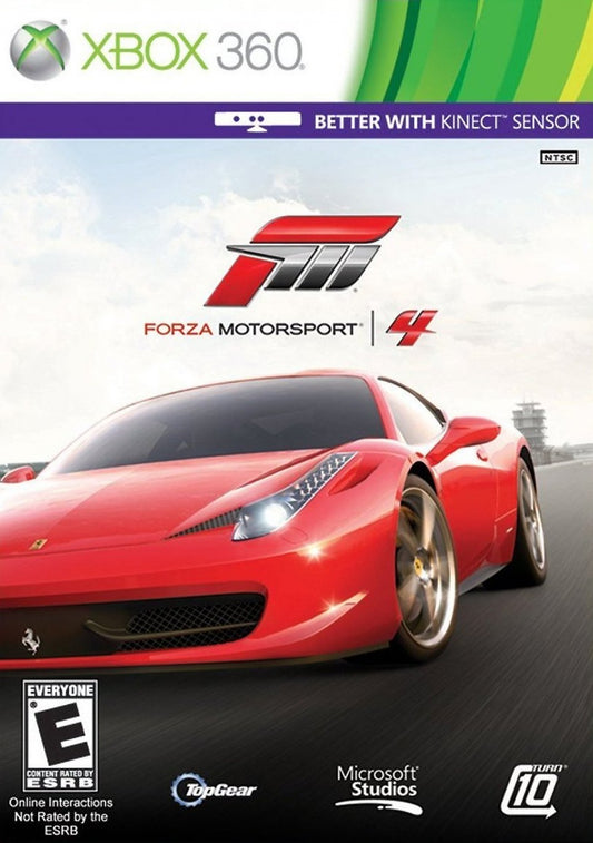 Forza Motorsport 4 for Xbox 360 racing simulation video game featuring realistic driving physics extensive car roster dynamic tracks Kinect support and immersive next generation motorsports experience cover
