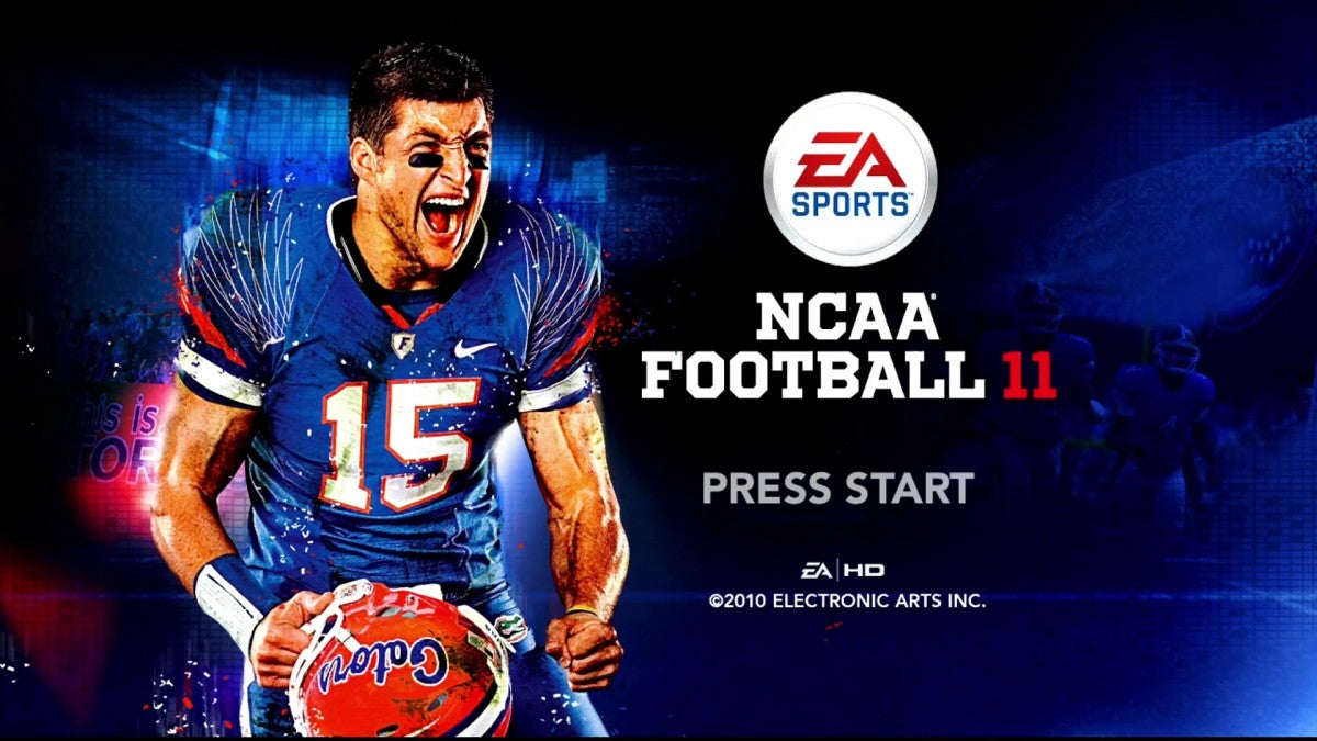NCAA Football 11 start screen for Xbox 360 (X360) college football sports video game