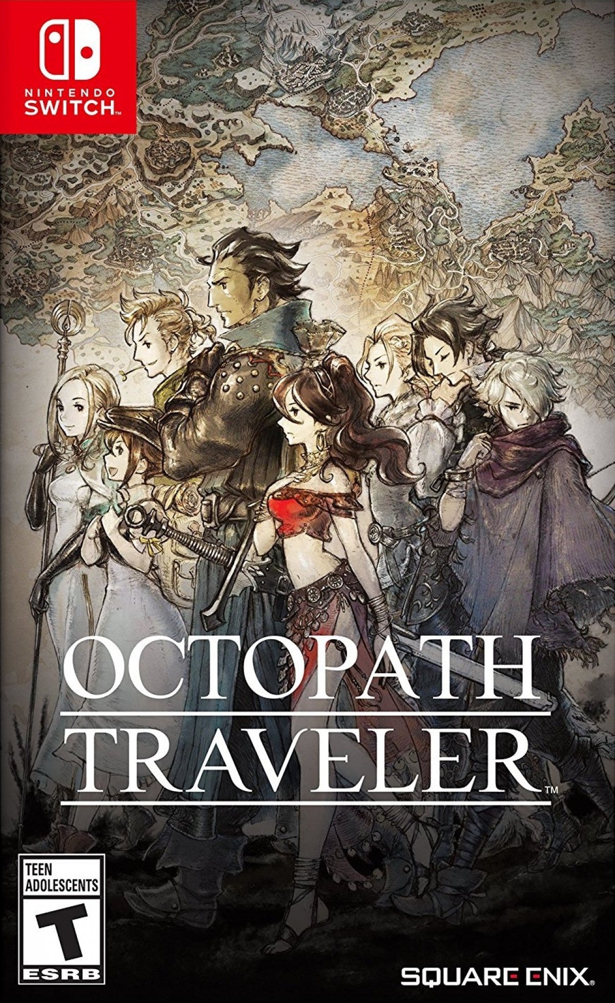 Octopath Traveler Nintendo Switch game featuring HD-2D pixel art, turn-based JRPG combat, and an epic fantasy adventure cover art