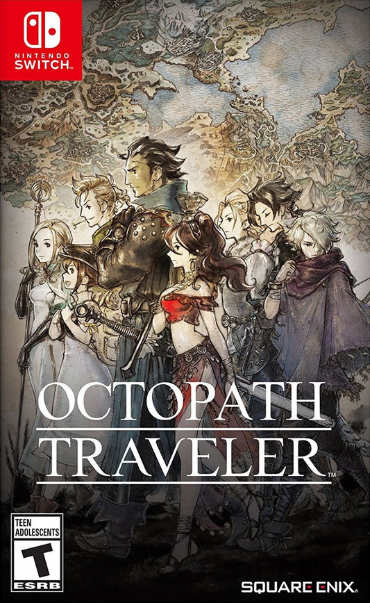 Octopath Traveler Nintendo Switch game featuring HD-2D pixel art, turn-based JRPG combat, and an epic fantasy adventure cover art