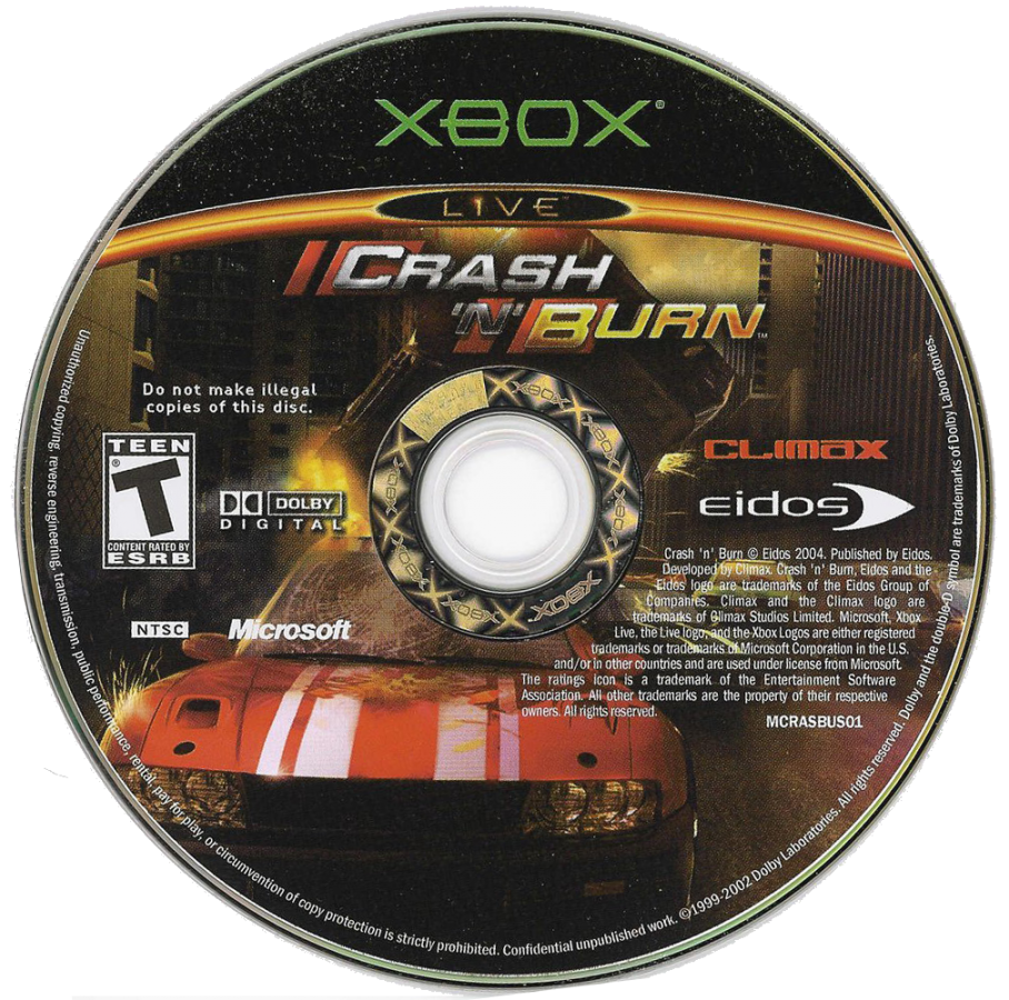 Crash N’ Burn for Xbox featuring high-speed racing and destructive crash action visuals disc