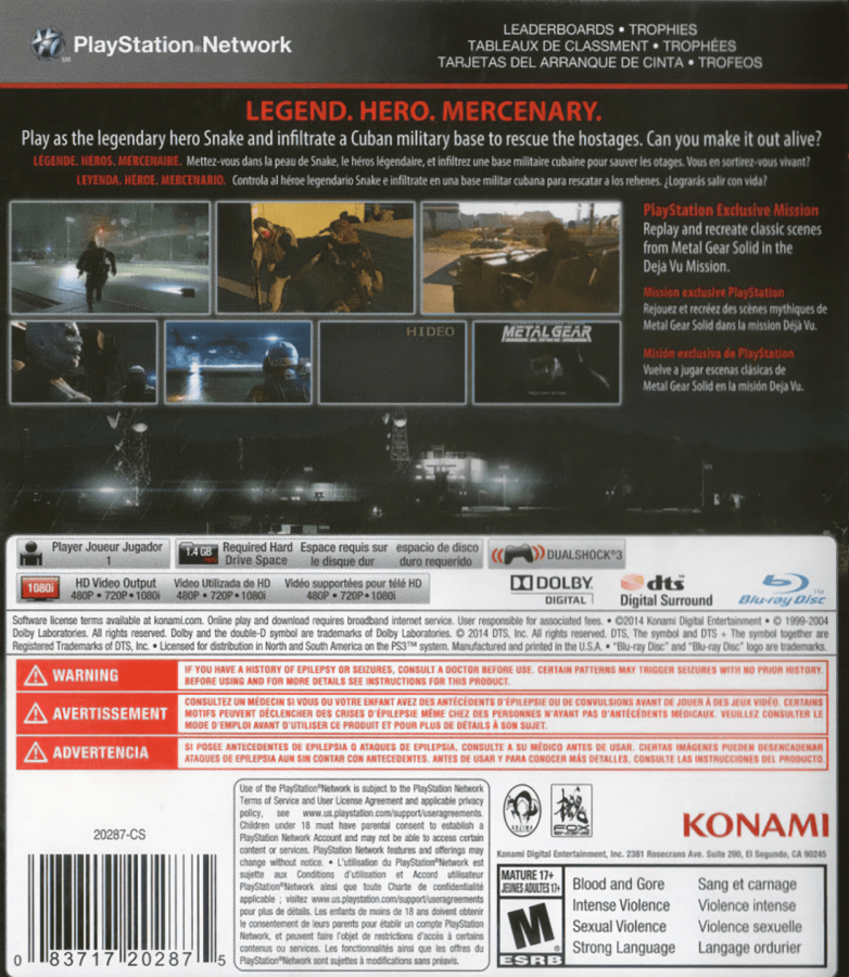 Metal Gear Solid V: Ground Zeroes back cover art for PlayStation 3 (PS3) video game
