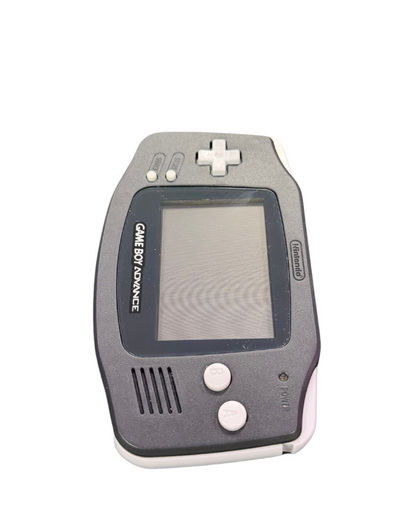 Game Boy Advance handheld system in black featuring horizontal design, color screen, rechargeable battery, and compatibility with Game Boy Advance cartridges for portable gaming