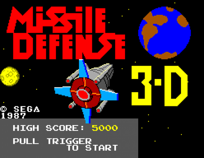 Missile Defense 3-D Sega Master System SMS for arcade shooting video game fans featuring 3D missile defense gameplay enemy attacks target tracking defensive weapons strategic shooting challenging stages and classic Sega Master System gameplay collectible retro gaming appeal gameplay