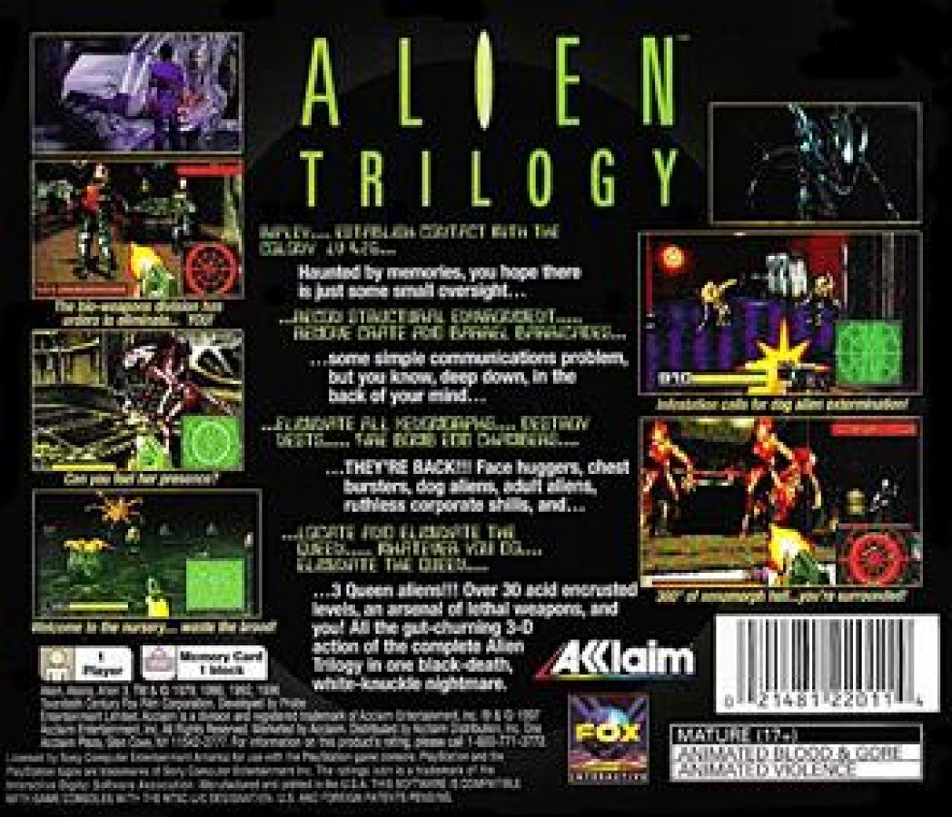 Alien Trilogy Greatest Hits PlayStation 1 PS1 for first person shooter and survival horror video game fans featuring Xenomorph aliens dark atmospheric environments intense combat weapons exploration challenging missions and classic sci fi horror gameplay collectible retro Sony PlayStation gaming appeal back