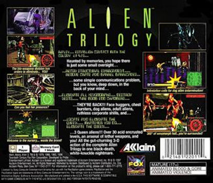 Alien Trilogy Greatest Hits PlayStation 1 PS1 for first person shooter and survival horror video game fans featuring Xenomorph aliens dark atmospheric environments intense combat weapons exploration challenging missions and classic sci fi horror gameplay collectible retro Sony PlayStation gaming appeal back