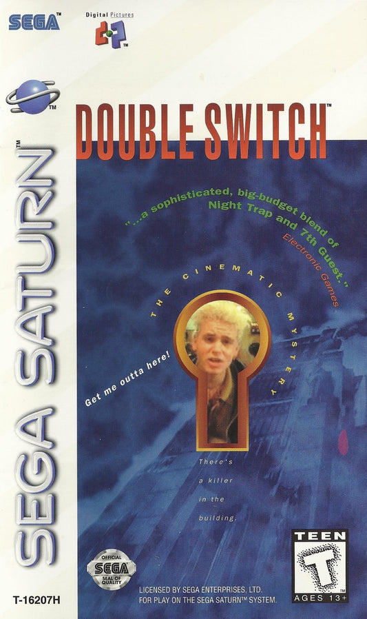Double Switch Sega Saturn full motion video FMV interactive movie puzzle game surveillance camera switching traps gameplay starring Corey Haim suspense thriller mansion setting live action footage branching story retro gaming Sega Saturn software video game title cover art 