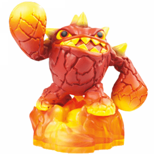 Eruptor Series 2 Skylanders Giants figure, fire element lava monster with rocky body and erupting volcano head, glowing orange magma details and raised arms, detailed collectible toy on portal base from Skylanders Giants series