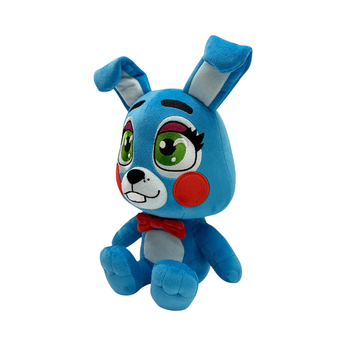 Toy Bonnie 9 Inch Plush collectible Five Nights at Freddy's FNAF character plush featuring Toy Bonnie soft plush construction bright blue bunny design red bow tie pink belly and detailed character styling 9 inch size huggable collectible display item video game merchandise and gaming collectible appeal left side