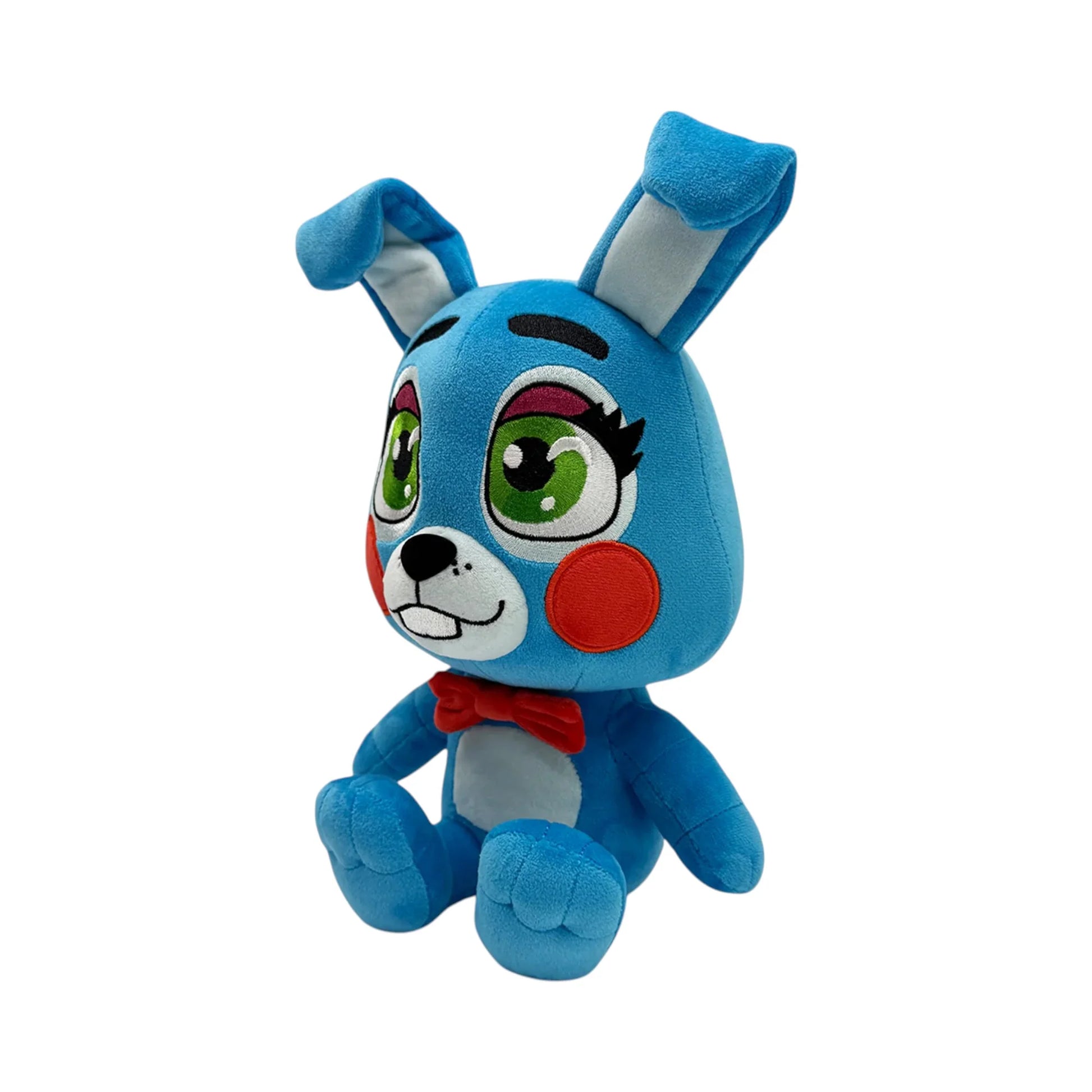 Toy Bonnie 9 Inch Plush collectible Five Nights at Freddy's FNAF character plush featuring Toy Bonnie soft plush construction bright blue bunny design red bow tie pink belly and detailed character styling 9 inch size huggable collectible display item video game merchandise and gaming collectible appeal left side