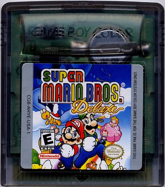 Super Mario Bros Deluxe for Game Boy Color, cartridge for a platformer video game with side-scrolling gameplay, classic level design, retro action challenges, and iconic character-based gameplay