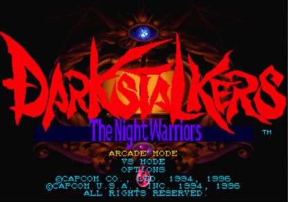 Darkstalkers The Night Warriors PS1 PlayStation 1 fighting game arcade style 2D combat monster themed Capcom retro video game title screen