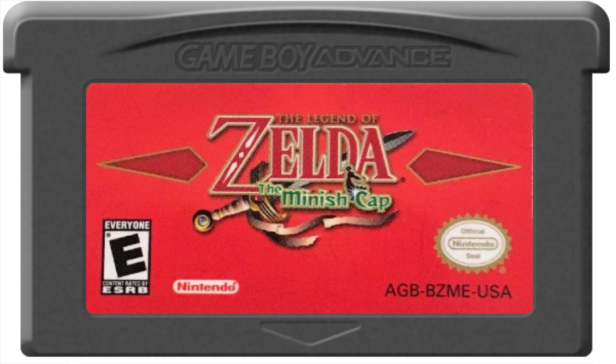 The Legend of Zelda The Minish Cap Game Boy Advance cartridge for retro video game featuring action adventure gameplay, top down exploration, magical shrinking mechanic, puzzle solving dungeons, fantasy world Hyrule quests, and classic portable Zelda adventure on GBA system