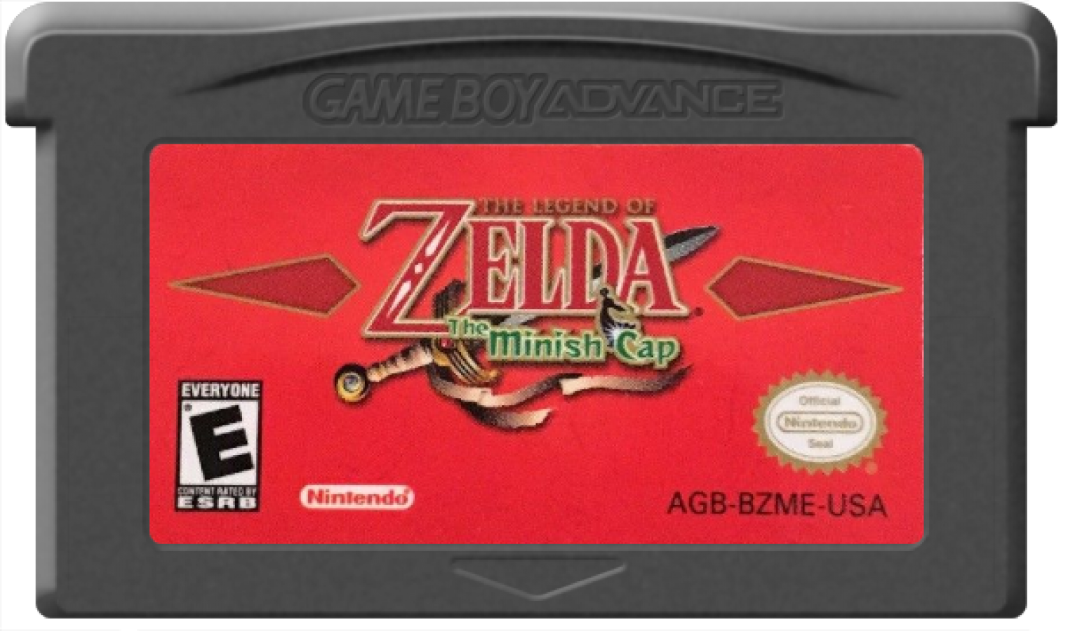 The Legend of Zelda The Minish Cap Game Boy Advance cartridge for retro video game featuring action adventure gameplay, top down exploration, magical shrinking mechanic, puzzle solving dungeons, fantasy world Hyrule quests, and classic portable Zelda adventure on GBA system