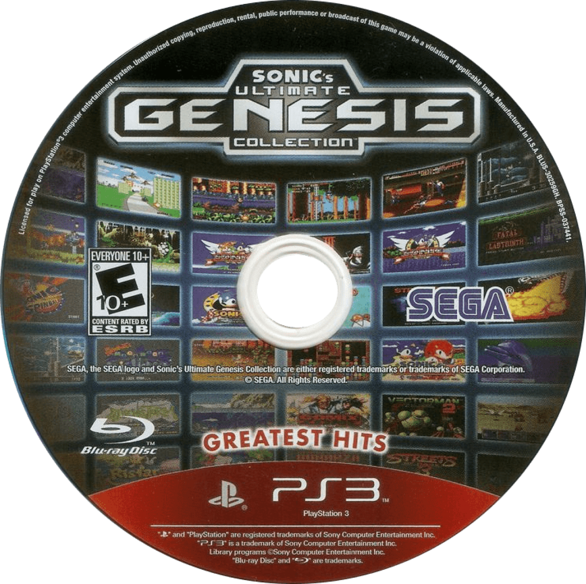 Sonic's Ultimate Genesis Collection [Greatest Hits] disc cover art for PlayStation 3 video game.  