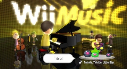 Wii Music title screen for Nintendo Wii (Wii) featuring motion‑controlled music creation with virtual instruments, jam sessions, and playful performance modes.