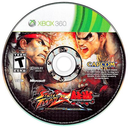 Street Fighter X Tekken for Xbox 360 fighting video game featuring tag team battles, iconic characters from both franchises, combo based combat mechanics, and competitive multiplayer gameplay experience disc 