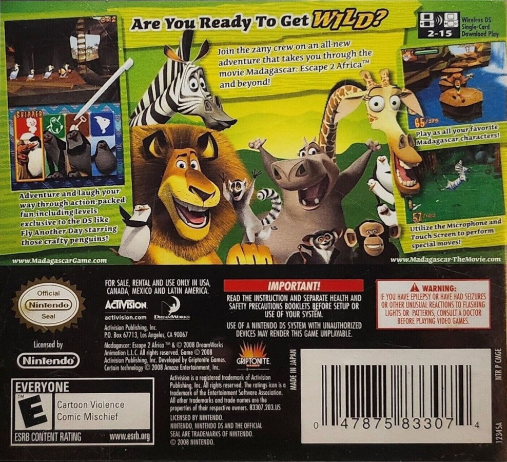 Madagascar: Escape 2 Africa back of case for Nintendo DS (DS) animated movie-based adventure video game