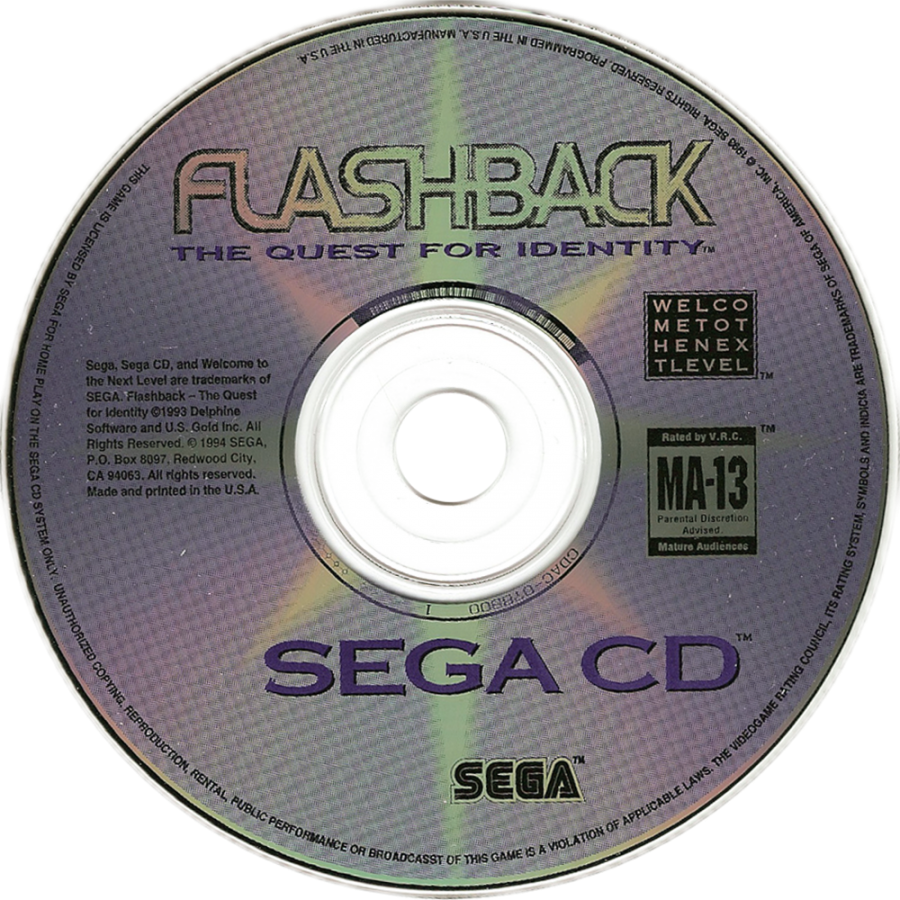 Flashback The Quest for Identity Sega CD cinematic platformer sci fi adventure game rotoscoped animation side scrolling exploration puzzle solving stealth combat amnesia storyline futuristic dystopia Delphine Software retro gaming Sega CD software video game title disc