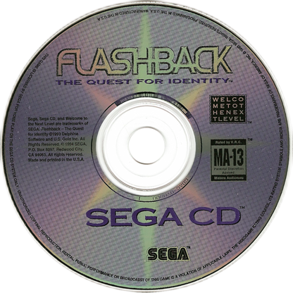 Flashback The Quest for Identity Sega CD cinematic platformer sci fi adventure game rotoscoped animation side scrolling exploration puzzle solving stealth combat amnesia storyline futuristic dystopia Delphine Software retro gaming Sega CD software video game title disc