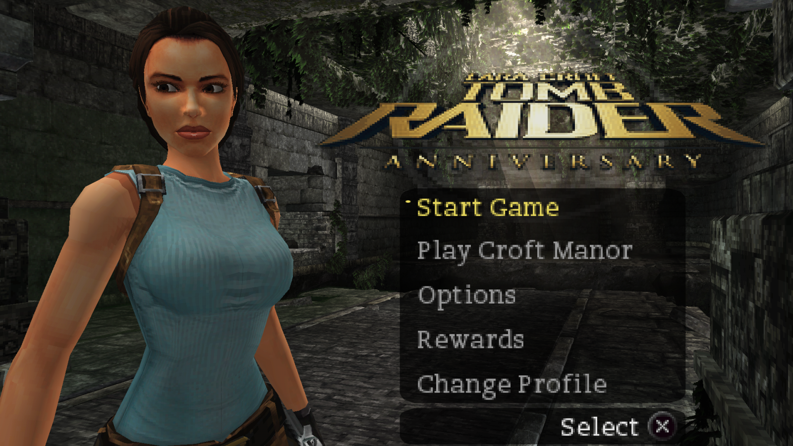 Tomb Raider: Anniversary – start screen for PlayStation Portable (PSP) action-adventure game