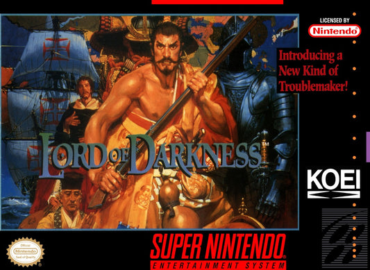 Lord of Darkness retro SNES video game Lord of Darkness fantasy action adventure medieval combat dark magic side scrolling gameplay classic console title Super Nintendo release cover art