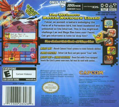 Mega Man Battle Network 6: Cybeast Falzar for Game Boy Advance action RPG card battle game featuring Lan and MegaMan.EXE grid based combat Cybeast Falzar version multiplayer link battles back cover art