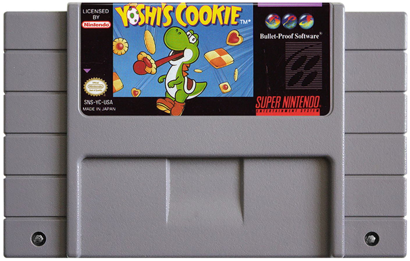 Yoshi’s Cookie for Super Nintendo Entertainment System with tile-matching puzzle gameplay theme cartridge