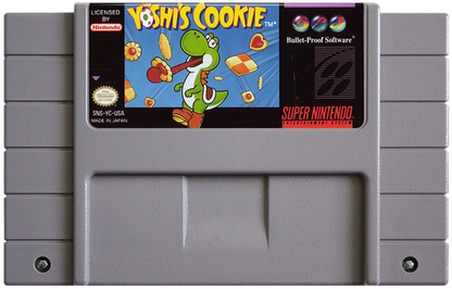 Yoshi’s Cookie for Super Nintendo Entertainment System with tile-matching puzzle gameplay theme cartridge