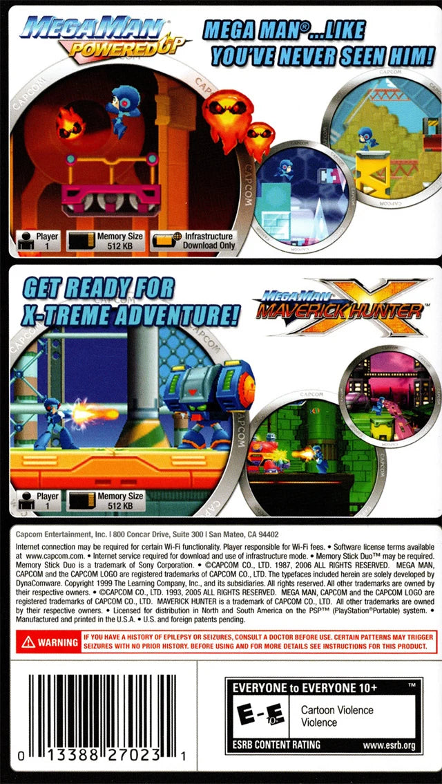 Mega Man Dual Pack PlayStation Portable PSP for action platforming video game fans featuring Mega Man classic side scrolling gameplay robot enemies challenging stages powerful weapons boss battles power ups and two Mega Man games in one portable collection collectible gaming appeal back cover art