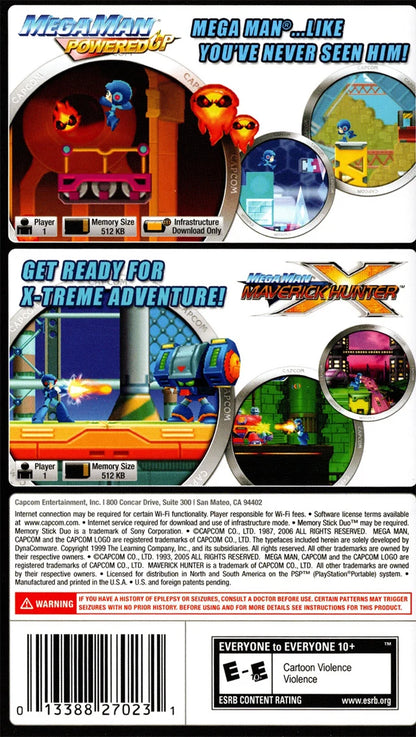 Mega Man Dual Pack PlayStation Portable PSP for action platforming video game fans featuring Mega Man classic side scrolling gameplay robot enemies challenging stages powerful weapons boss battles power ups and two Mega Man games in one portable collection collectible gaming appeal back cover art