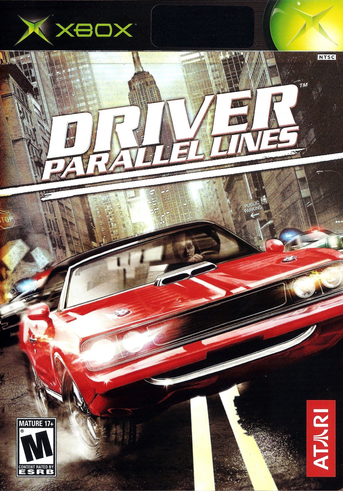 Driver Parallel Lines Xbox for action driving video game fans featuring open world city exploration cinematic crime storyline high speed car chases vehicle customization intense missions third person shooting 1970s and 2000s New York setting collectible gaming appeal front cover art