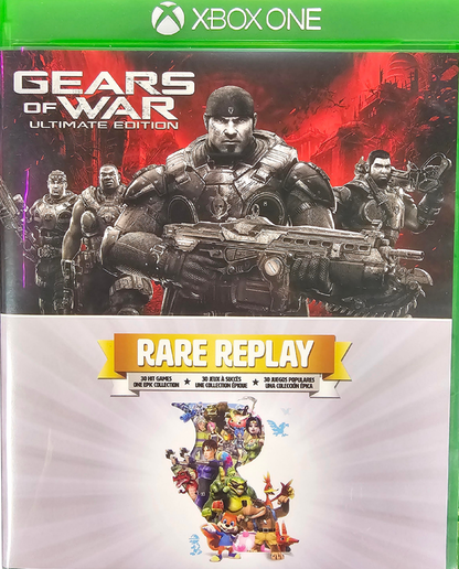 Gears of War Ultimate Edition and Rare Replay Xbox One for action and retro video game fans featuring remastered Gears of War campaign intense third person shooter gameplay online multiplayer plus Rare Replay collection with dozens of classic Rare games spanning platforming racing adventure arcade action and collectible gaming appeal front cover art