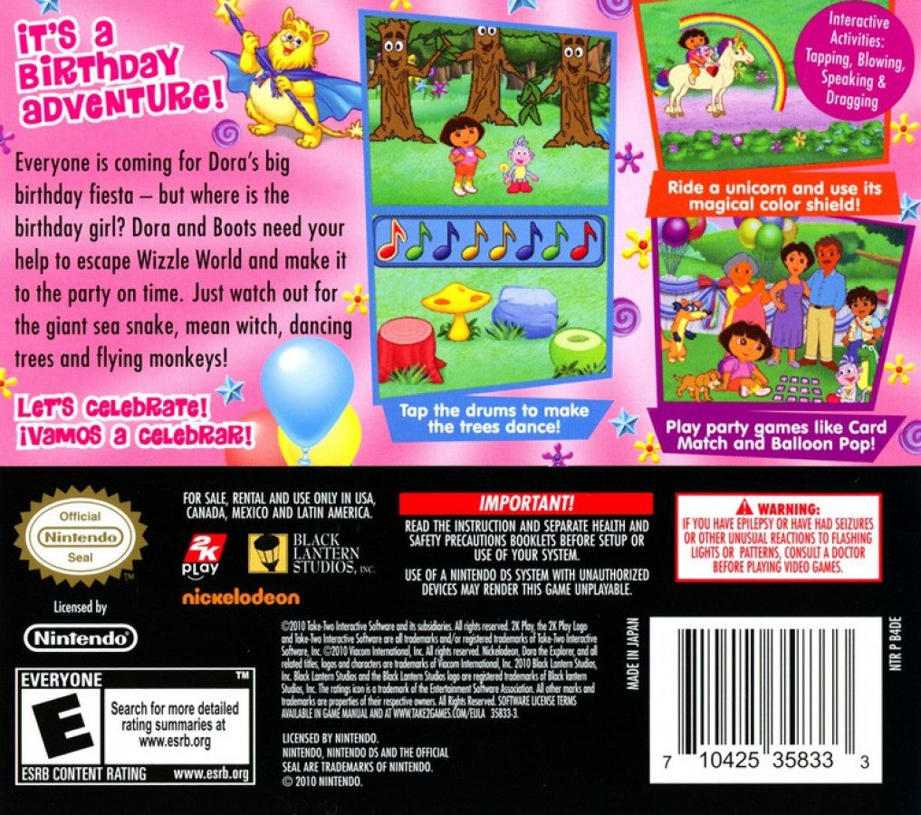 Dora's Big Birthday Adventure Nintendo DS interactive storybook platformer game tapping shouting scribbling activities based on TV special Dora and Boots stuck in Wizzle World birthday party goal DS microphone stylus controls magical unicorn riding back cover