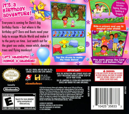 Dora's Big Birthday Adventure Nintendo DS interactive storybook platformer game tapping shouting scribbling activities based on TV special Dora and Boots stuck in Wizzle World birthday party goal DS microphone stylus controls magical unicorn riding back cover