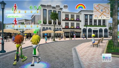 Walk It Out gameplay for Nintendo Wii (Wii) featuring rhythm‑based walking gameplay across a vibrant virtual city, unlocking new areas, music tracks, and interactive environments as you step in time.