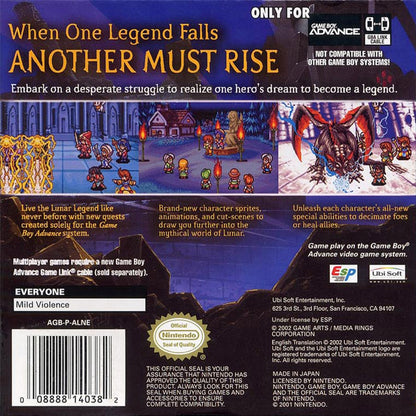 Lunar Legend cartridge for the Game Boy Advance featuring classic turn based RPG gameplay with anime style visuals character driven storytelling and a fantasy adventure based on the Lunar series back cover art