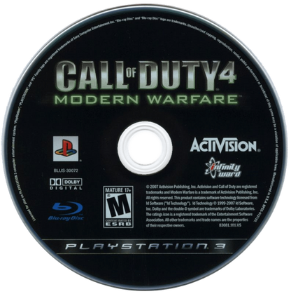 Call of Duty 4: Modern Warfare disc for PlayStation 3 (PS3) video game