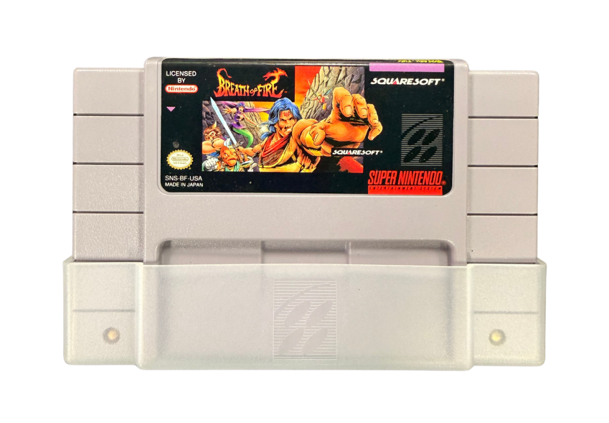 Breath of Fire Super Nintendo Entertainment System SNES retro video game role playing adventure featuring dragon transformations turn based combat fantasy characters exploration magical abilities challenging battles classic 16 bit graphics Super Nintendo gaming experience retro game collection appeal front of cartridge
