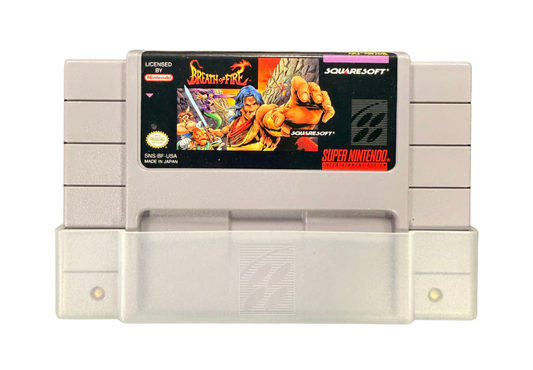 Breath of Fire Super Nintendo Entertainment System SNES retro video game role playing adventure featuring dragon transformations turn based combat fantasy characters exploration magical abilities challenging battles classic 16 bit graphics Super Nintendo gaming experience retro game collection appeal front of cartridge