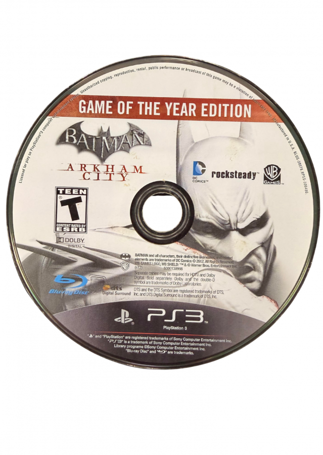Batman Arkham City Game of the Year Edition video game featuring Batman action adventure gameplay open world Gotham City exploration stealth combat detective investigations iconic DC villains Catwoman playable missions gadgets combat combos and bonus downloadable content superhero gaming experience retro video game collection collectible gaming appeal disc