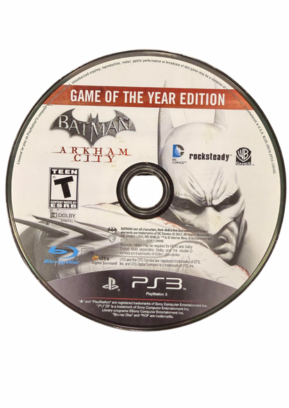 Batman Arkham City Game of the Year Edition video game featuring Batman action adventure gameplay open world Gotham City exploration stealth combat detective investigations iconic DC villains Catwoman playable missions gadgets combat combos and bonus downloadable content superhero gaming experience retro video game collection collectible gaming appeal disc