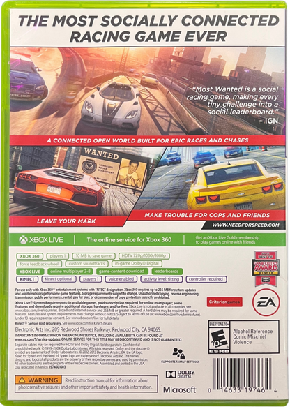Need for Speed Most Wanted 2012 Xbox 360 inspired design featuring open world street racing aesthetic high speed pursuits exotic supercars intense police chases competitive multiplayer action urban driving freedom cinematic racing gameplay presentation back art  