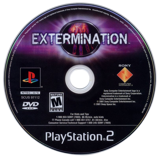 Extermination disc for PlayStation 2 (PS2) survival horror third-person action video game