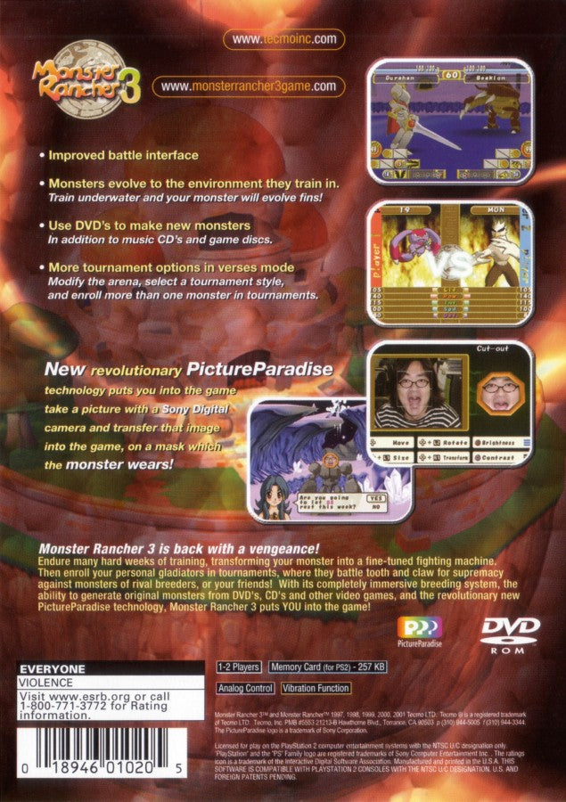 Monster Rancher 3 PlayStation 2 (PS2) monster breeding RPG video game back of case